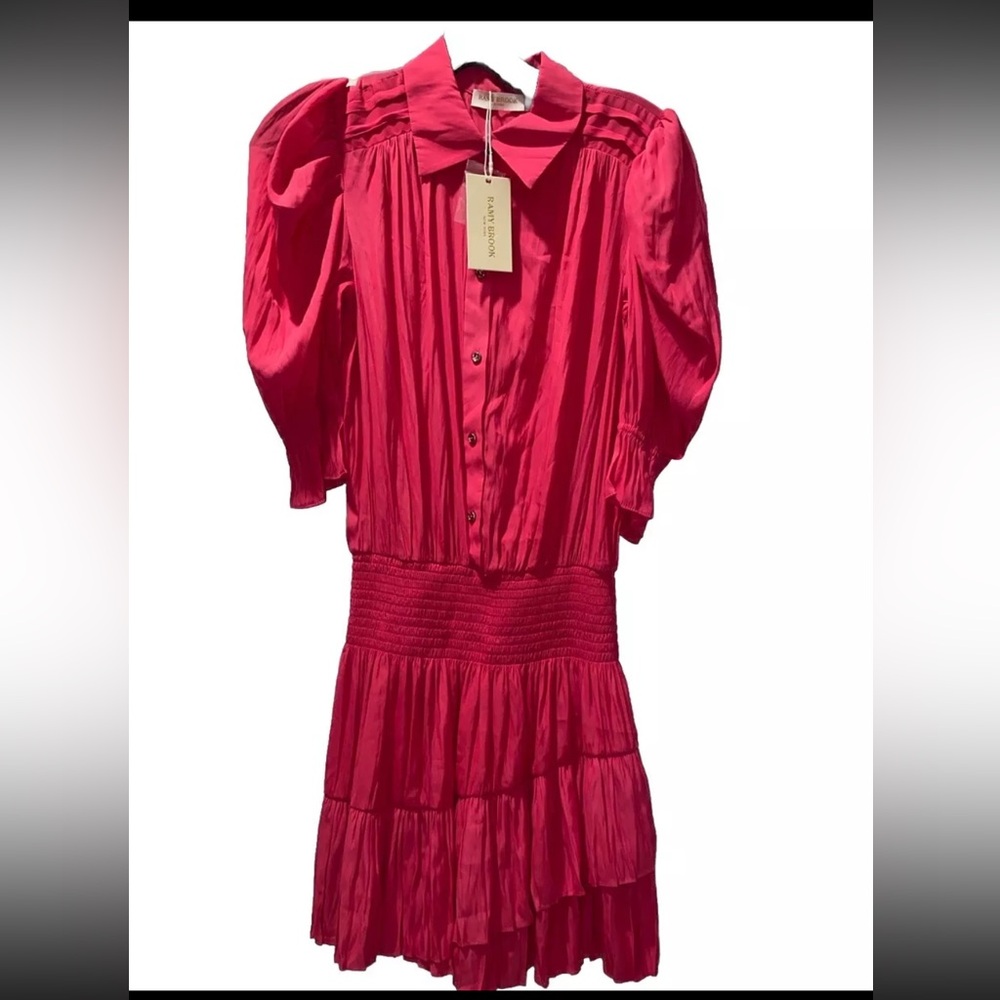 Ramy Brook Angelina smocked mini dress button front HOT PINK XS